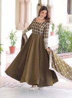 Vedant Vastram Vichitra Silk Embroidery & Sequence Work Stitched Ethnic Gown-Mahendi - Distacart