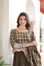 Vedant Vastram Vichitra Silk Embroidery & Sequence Work Stitched Ethnic Gown-Mahendi - Distacart