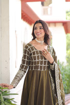 Vedant Vastram Vichitra Silk Embroidery & Sequence Work Stitched Ethnic Gown-Mahendi - Distacart