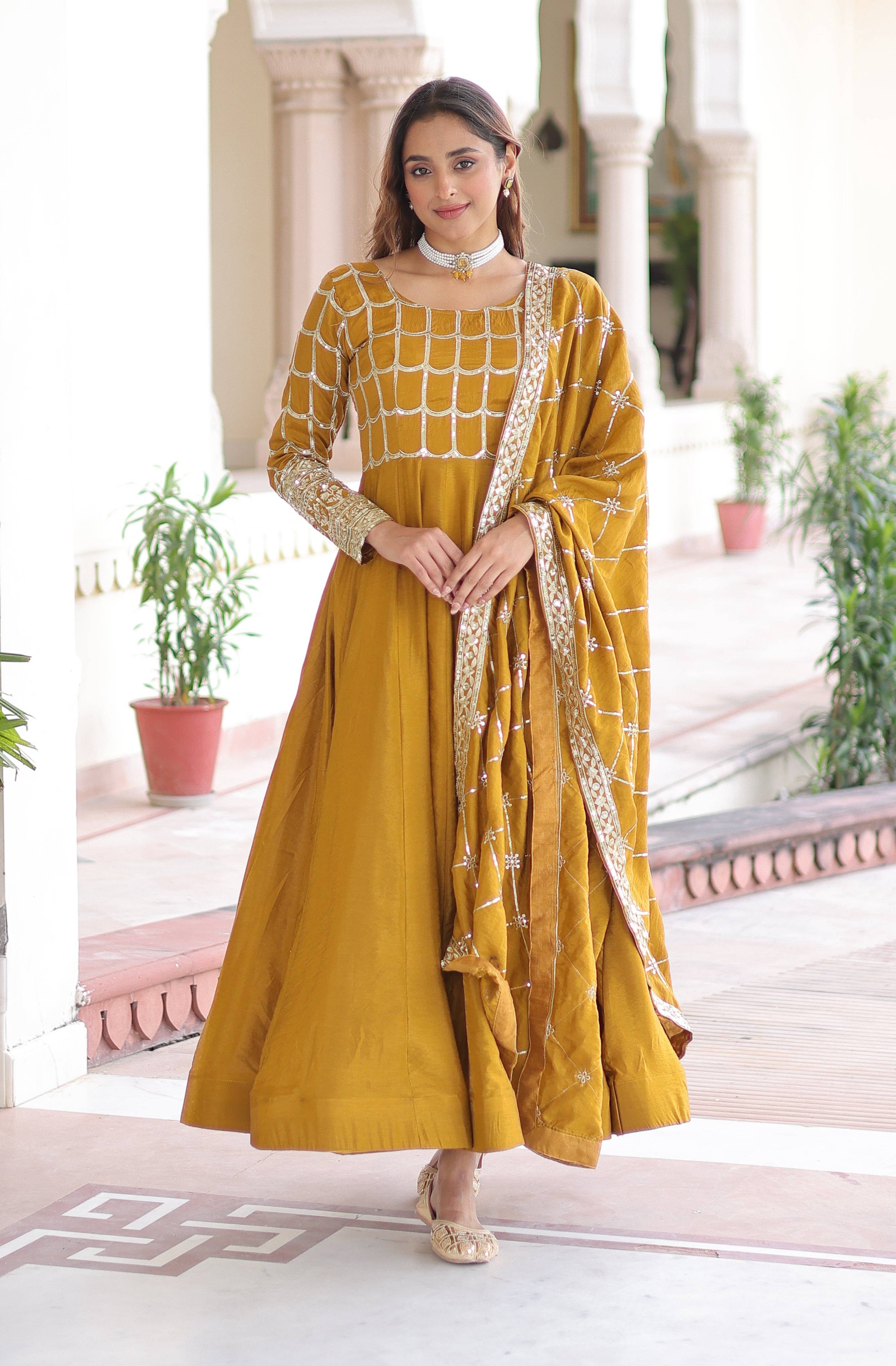 Vedant Vastram Vichitra Silk Embroidery & Sequence Work Stitched Ethnic Gown-Yellow - Distacart