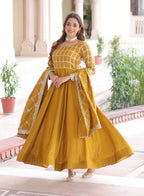 Vedant Vastram Vichitra Silk Embroidery & Sequence Work Stitched Ethnic Gown-Yellow - Distacart