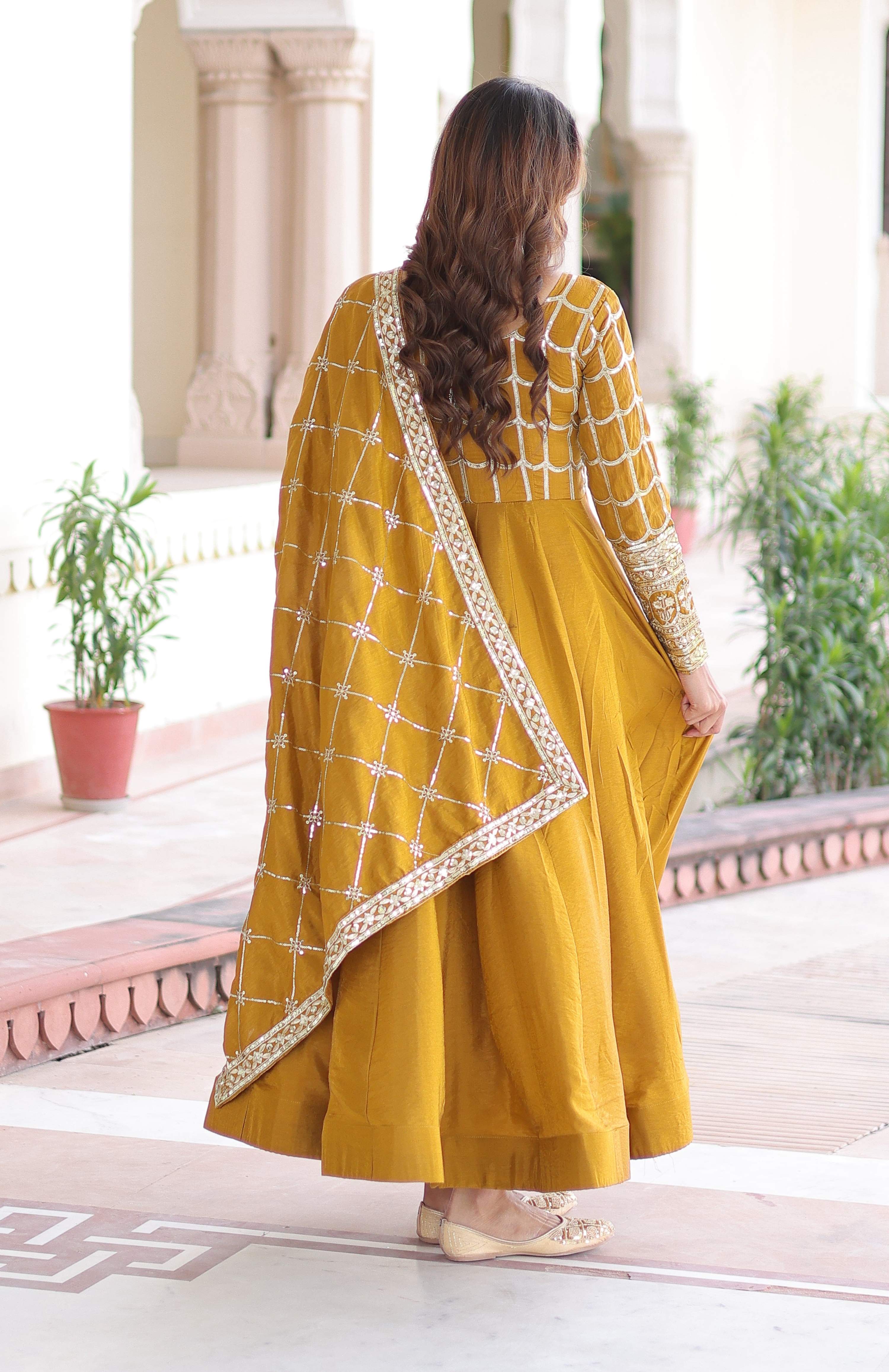 Vedant Vastram Vichitra Silk Embroidery & Sequence Work Stitched Ethnic Gown-Yellow - Distacart