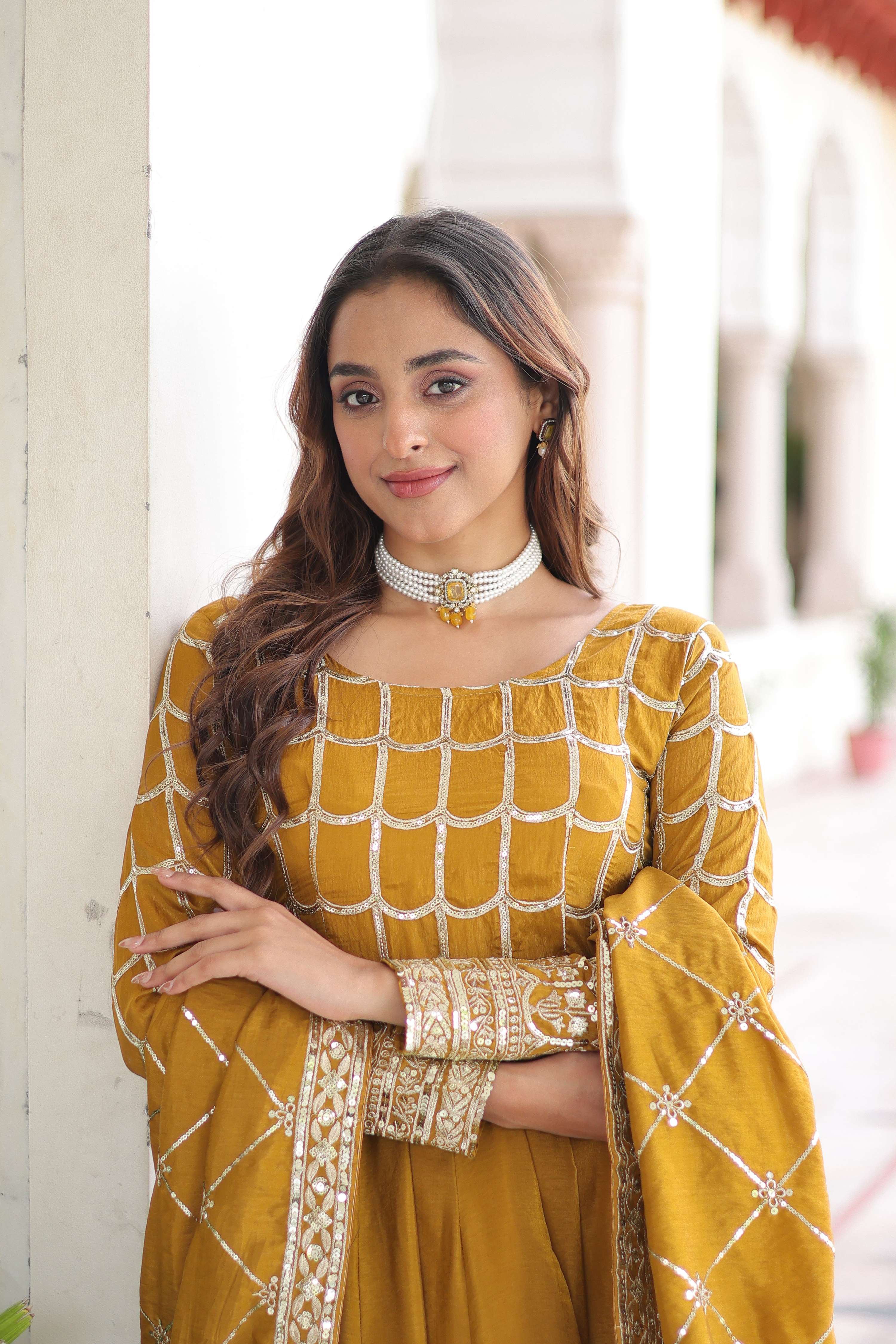 Vedant Vastram Vichitra Silk Embroidery & Sequence Work Stitched Ethnic Gown-Yellow - Distacart