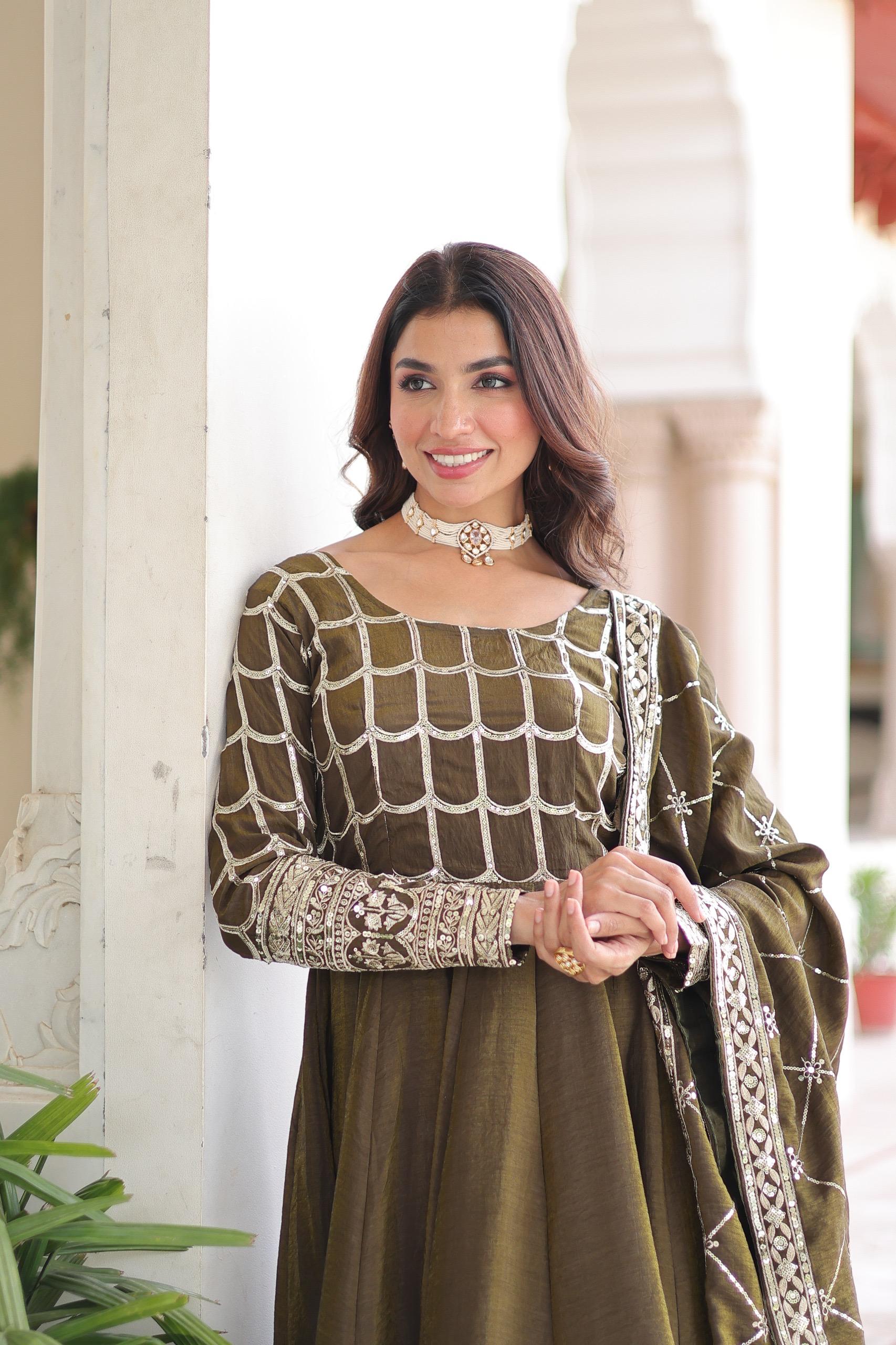 Prazu Fashion Mahendi Vichitra Silk Rich Sequins & Zari Embroidered Gown With Dupatta - Distacart
