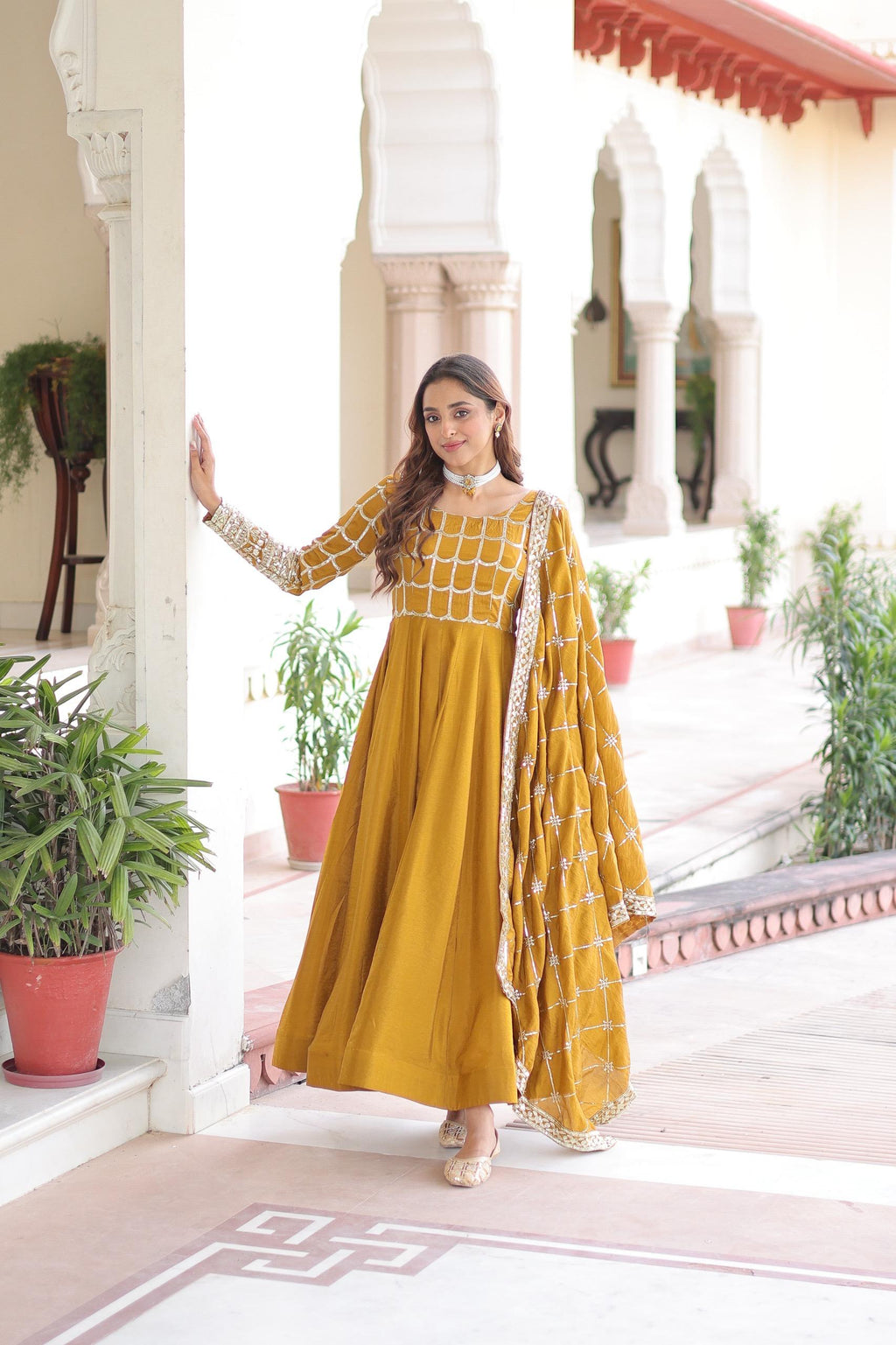 Prazu Fashion Mustard Vichitra Silk Rich Sequins & Zari Embroidered Gown With Dupatta - Distacart