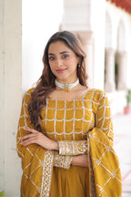 Prazu Fashion Mustard Vichitra Silk Rich Sequins & Zari Embroidered Gown With Dupatta - Distacart