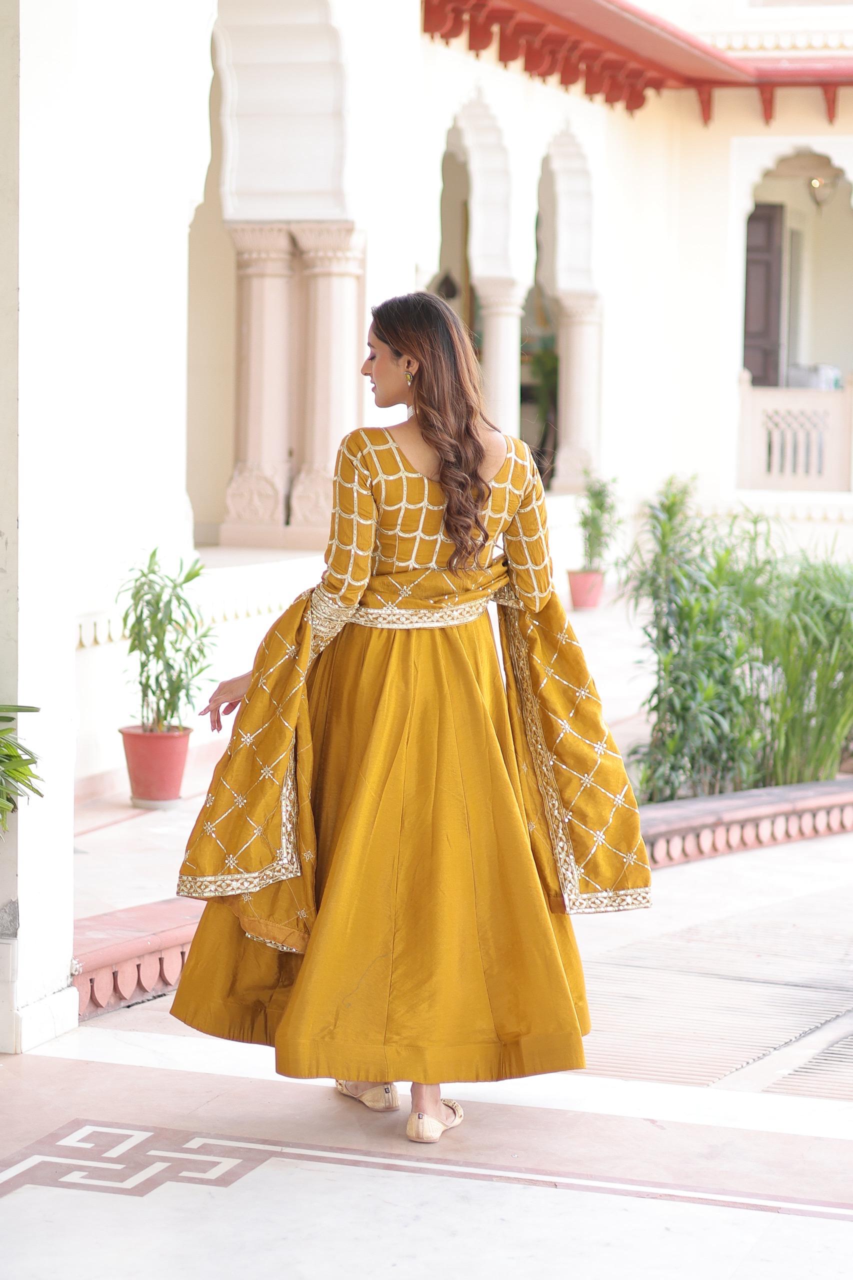 Prazu Fashion Mustard Vichitra Silk Rich Sequins & Zari Embroidered Gown With Dupatta - Distacart