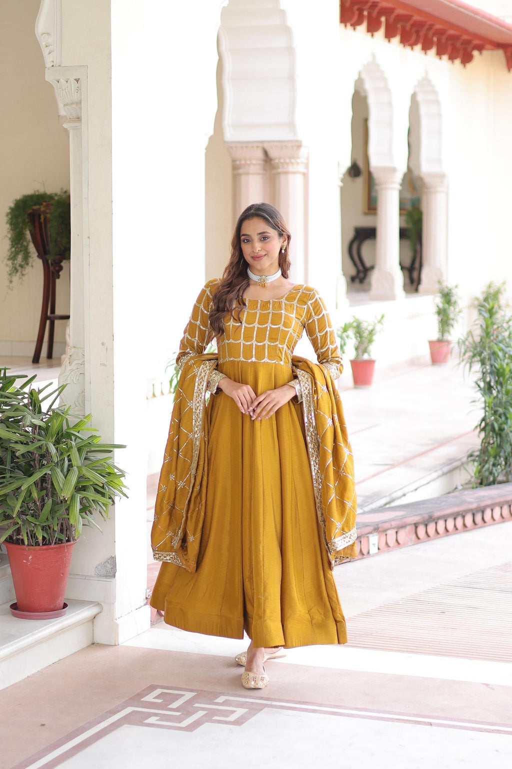 Prazu Fashion Mustard Vichitra Silk Rich Sequins & Zari Embroidered Gown With Dupatta - Distacart