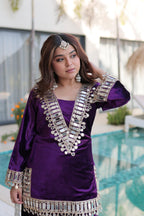 Vedant Vastram Heavy Velvet Embroidery & Mirror Work Stitched Ethnic Palazzo Set-Purple - Distacart