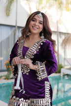 Vedant Vastram Heavy Velvet Embroidery & Mirror Work Stitched Ethnic Palazzo Set-Purple - Distacart