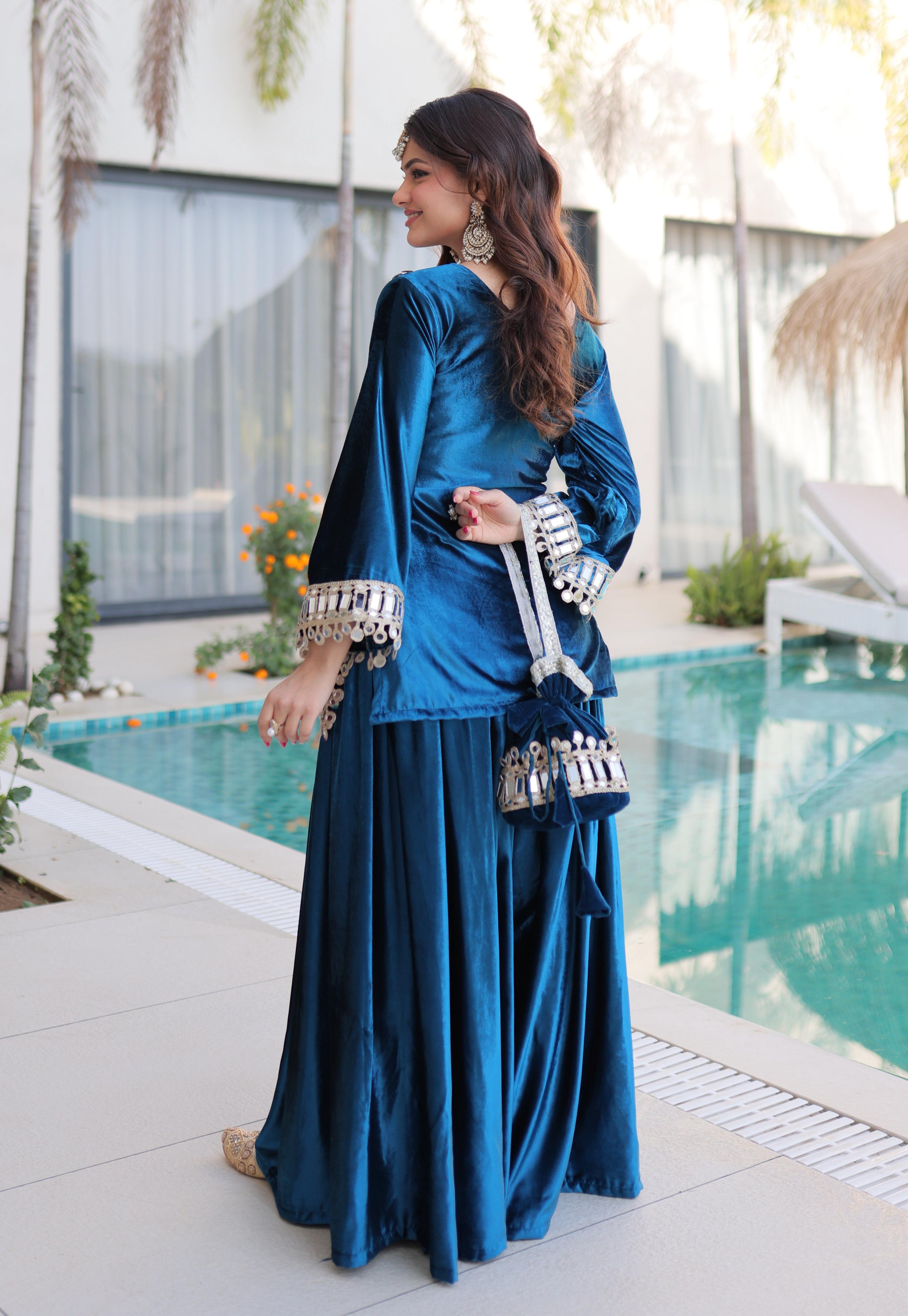 Vedant Vastram Heavy Velvet Embroidery & Mirror Work Stitched Ethnic Palazzo Set-Rama - Distacart