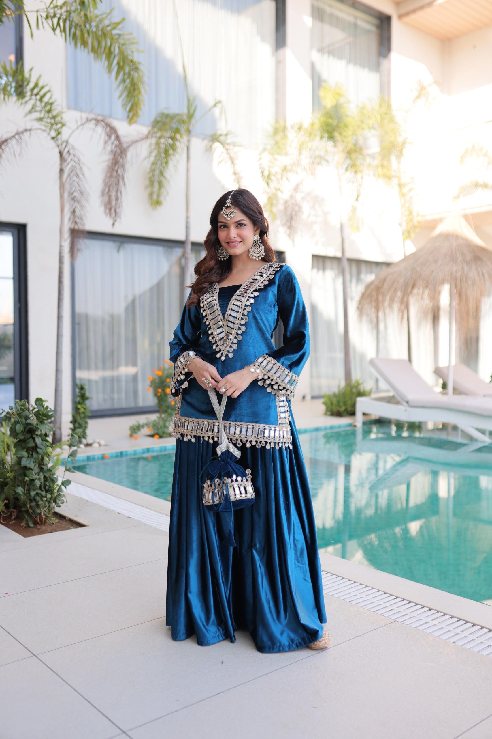 Prazu Fashion Turquoise Velvet With Zari Embroidered & Real Mirror Work Palazzo With Potli Bag - Distacart