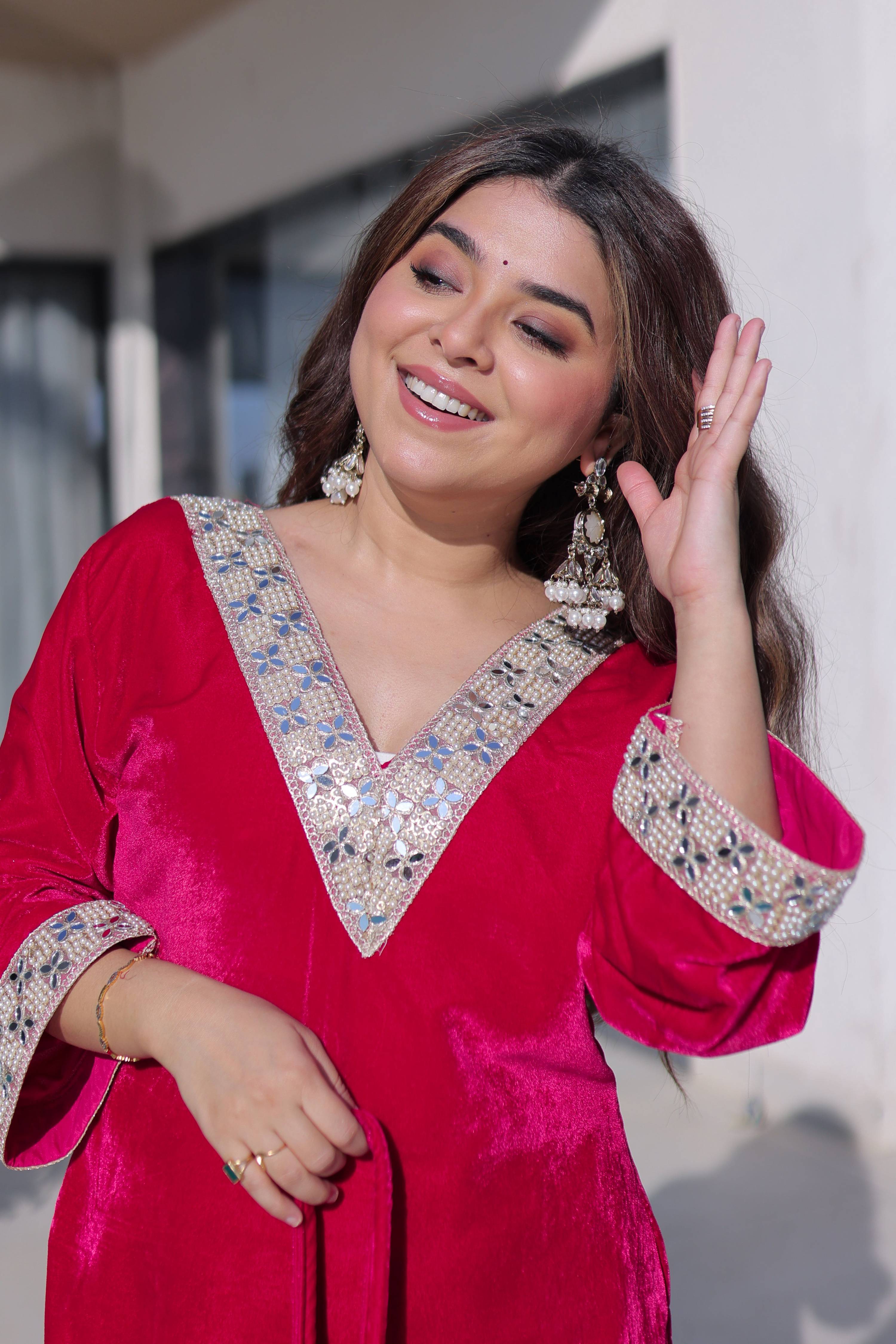Vedant Vastram Heavy Velvet Embroidery & Mirror Work Stitched Salwar Suit Set-Pink - Distacart
