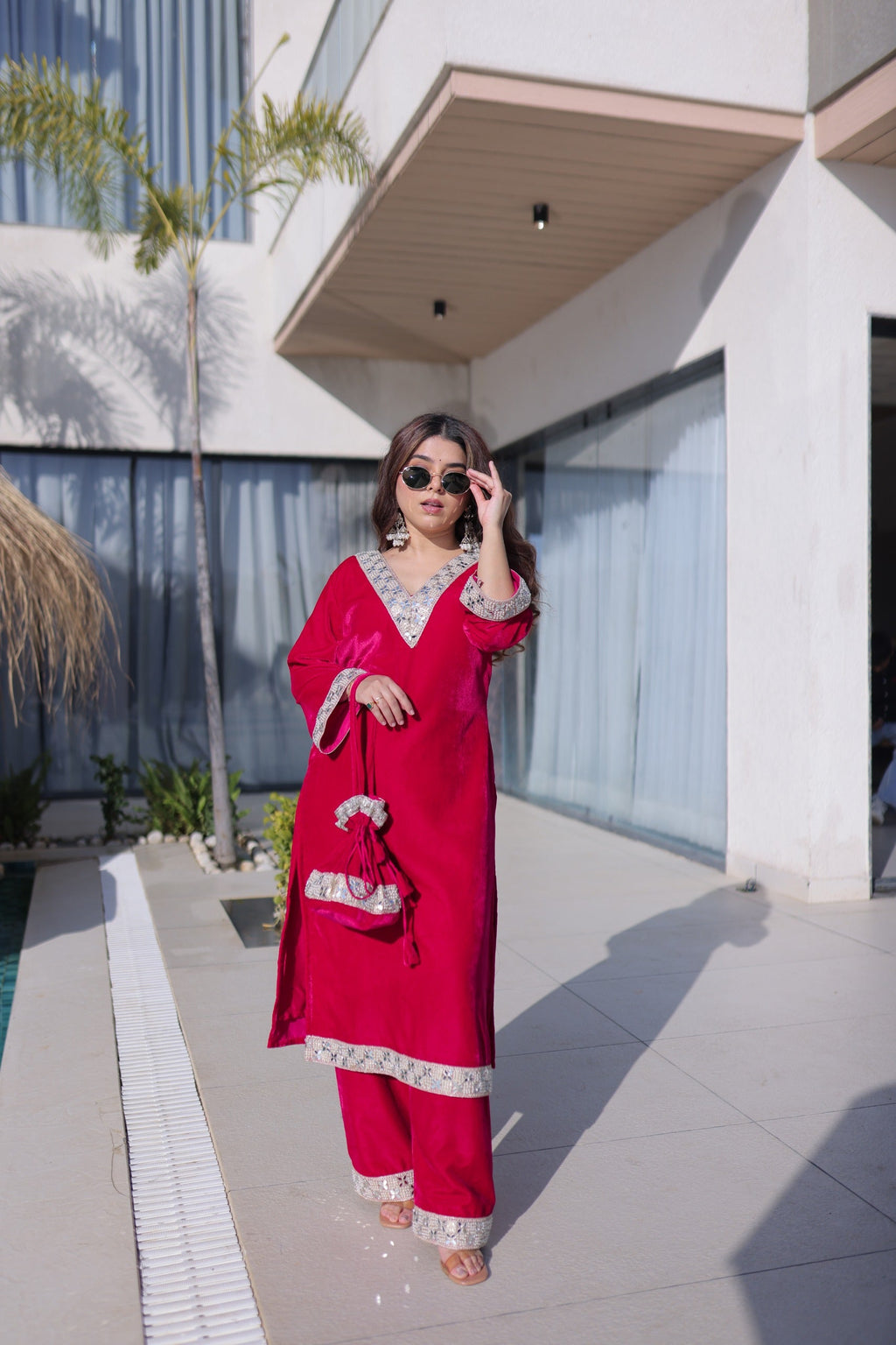 Prazu Fashion Rani Pink Velvet Zari Embroidered & Real Mirror Work Suit With Potli Bag - Distacart