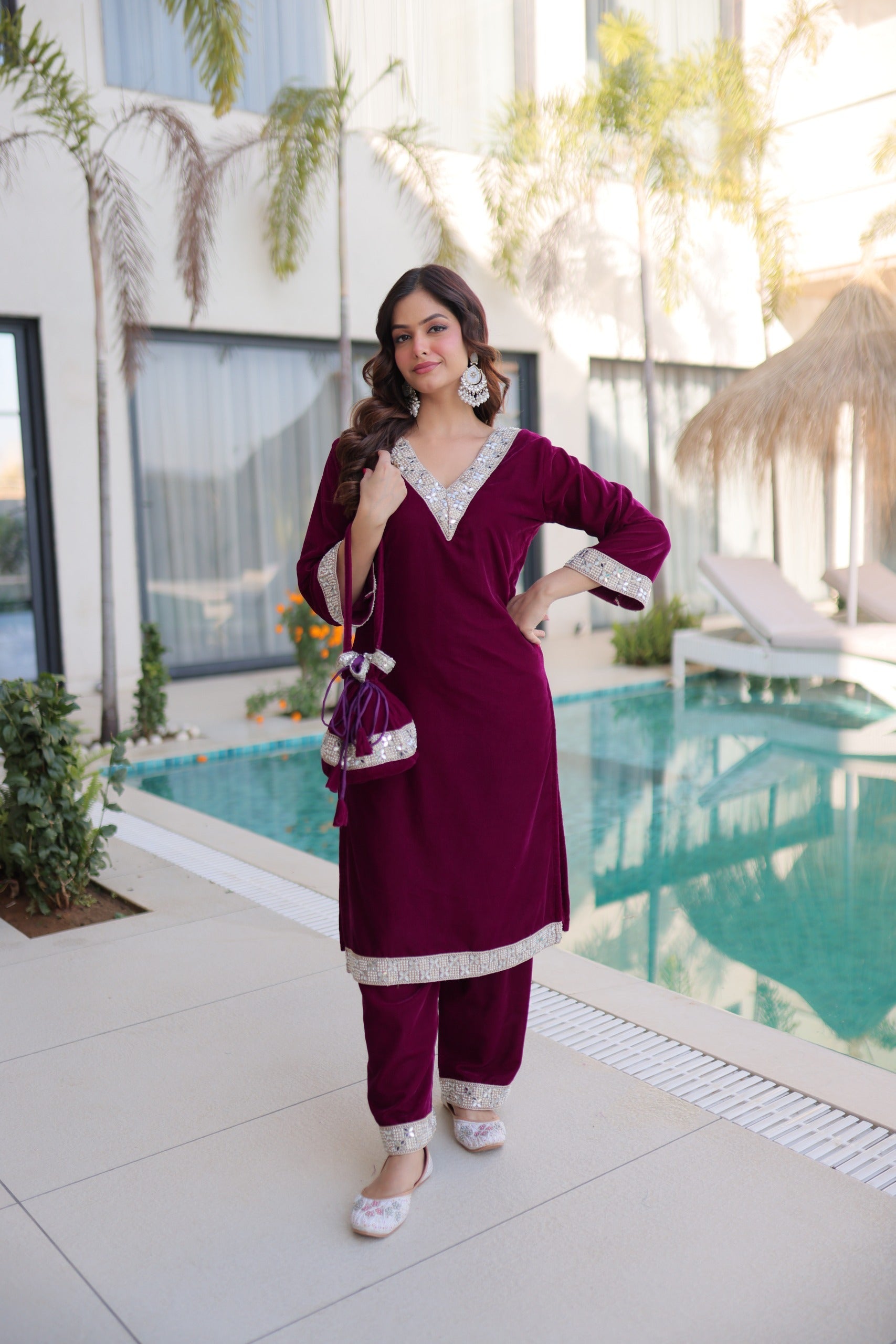 Prazu Fashion Wine Velvet Zari Embroidered & Real Mirror Work Suit With Potli Bag - Distacart