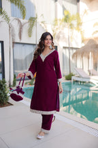 Prazu Fashion Wine Velvet Zari Embroidered & Real Mirror Work Suit With Potli Bag - Distacart