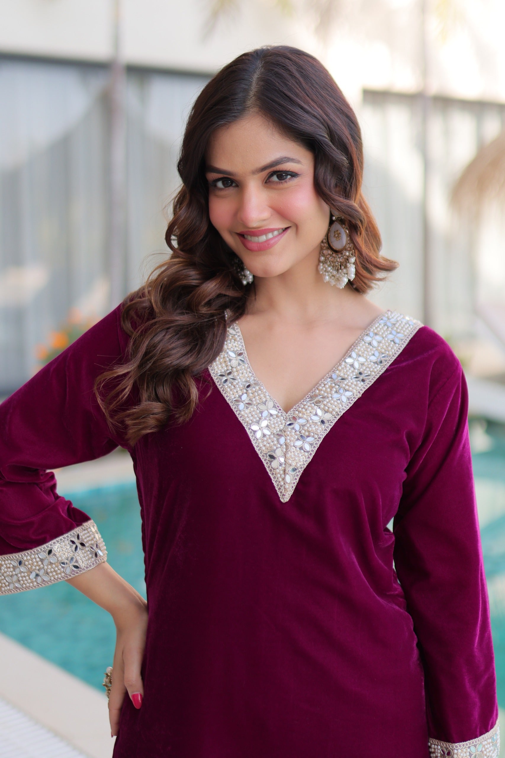Prazu Fashion Wine Velvet Zari Embroidered & Real Mirror Work Suit With Potli Bag - Distacart
