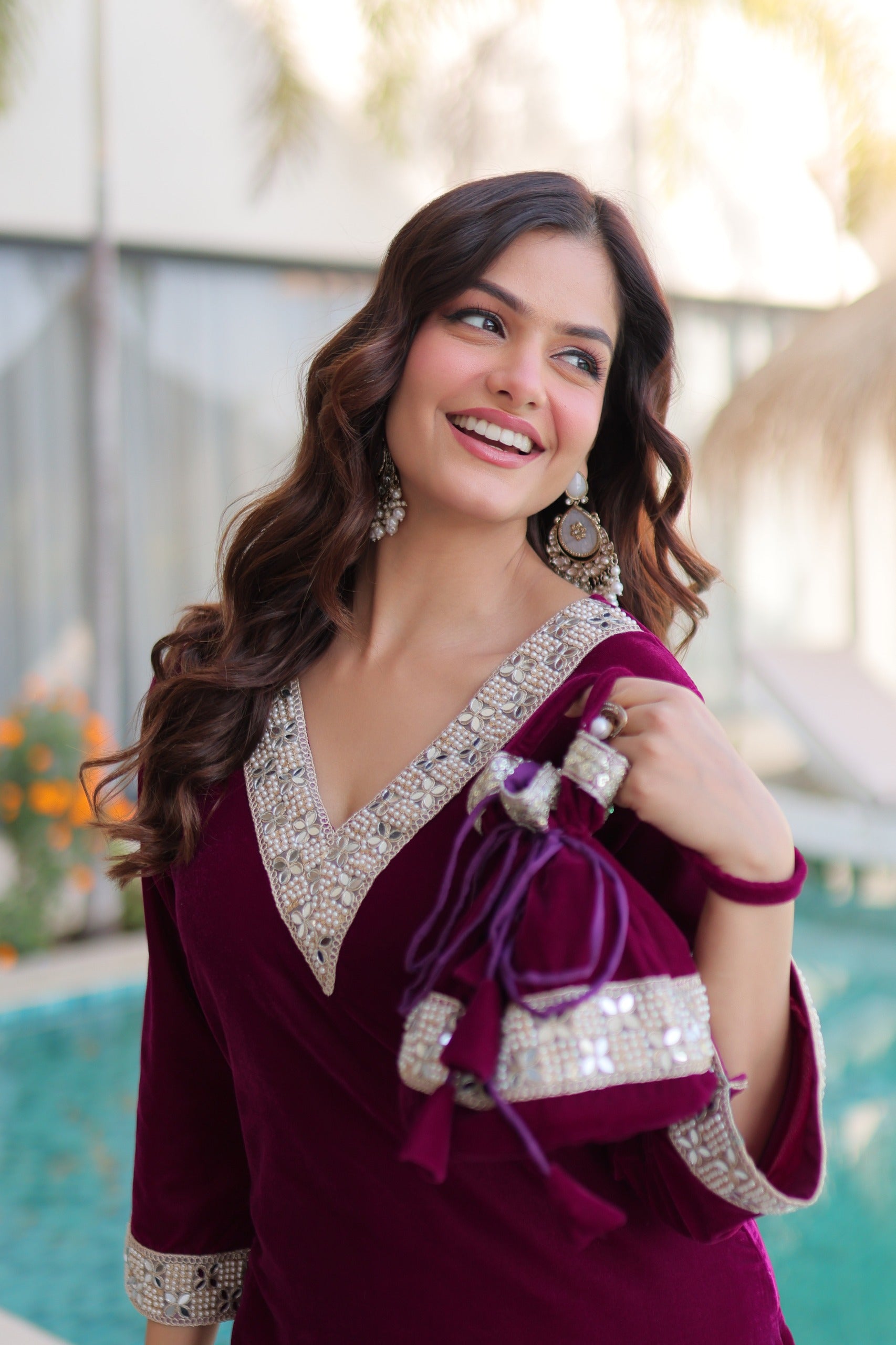 Prazu Fashion Wine Velvet Zari Embroidered & Real Mirror Work Suit With Potli Bag - Distacart