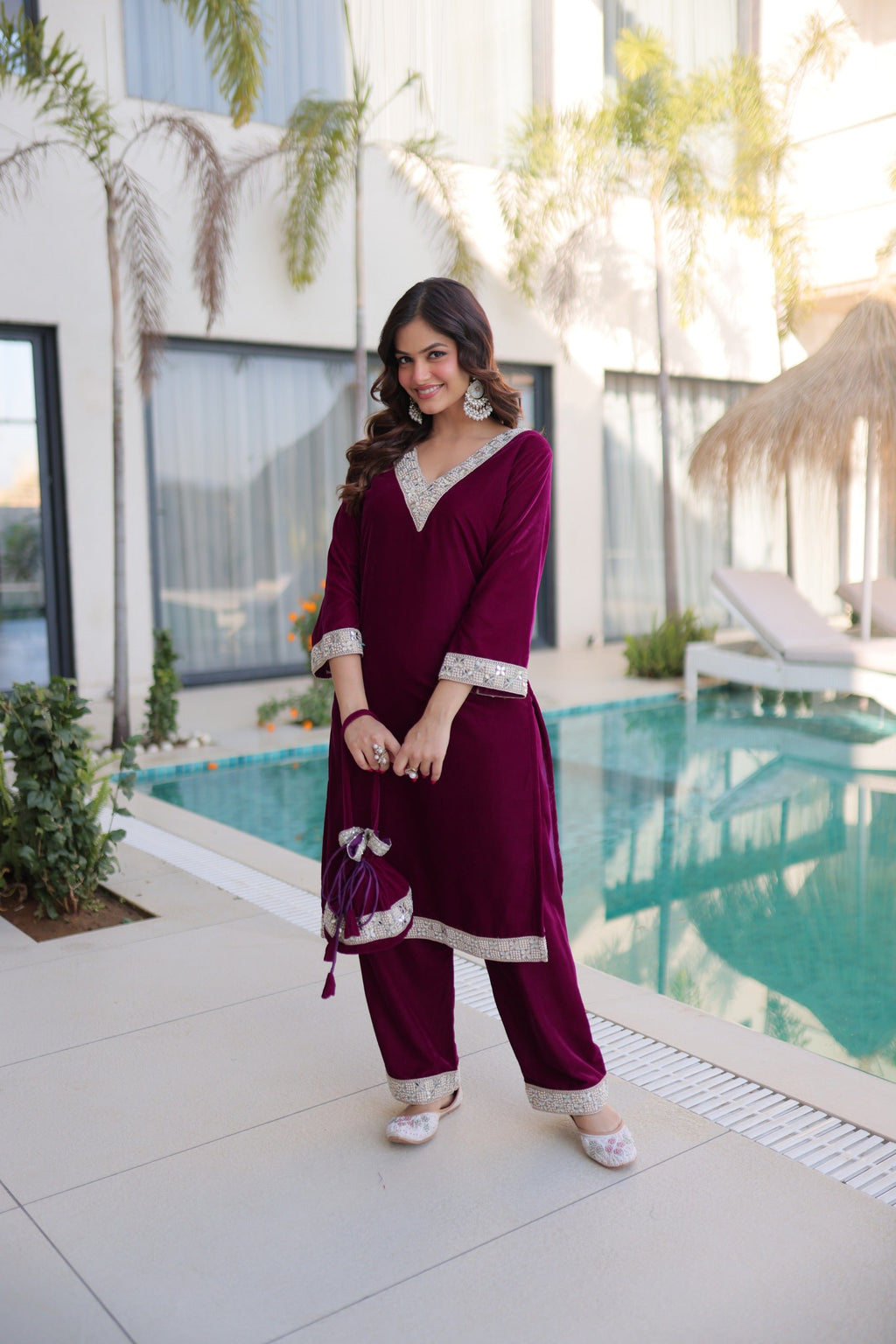 Prazu Fashion Wine Velvet Zari Embroidered & Real Mirror Work Suit With Potli Bag - Distacart