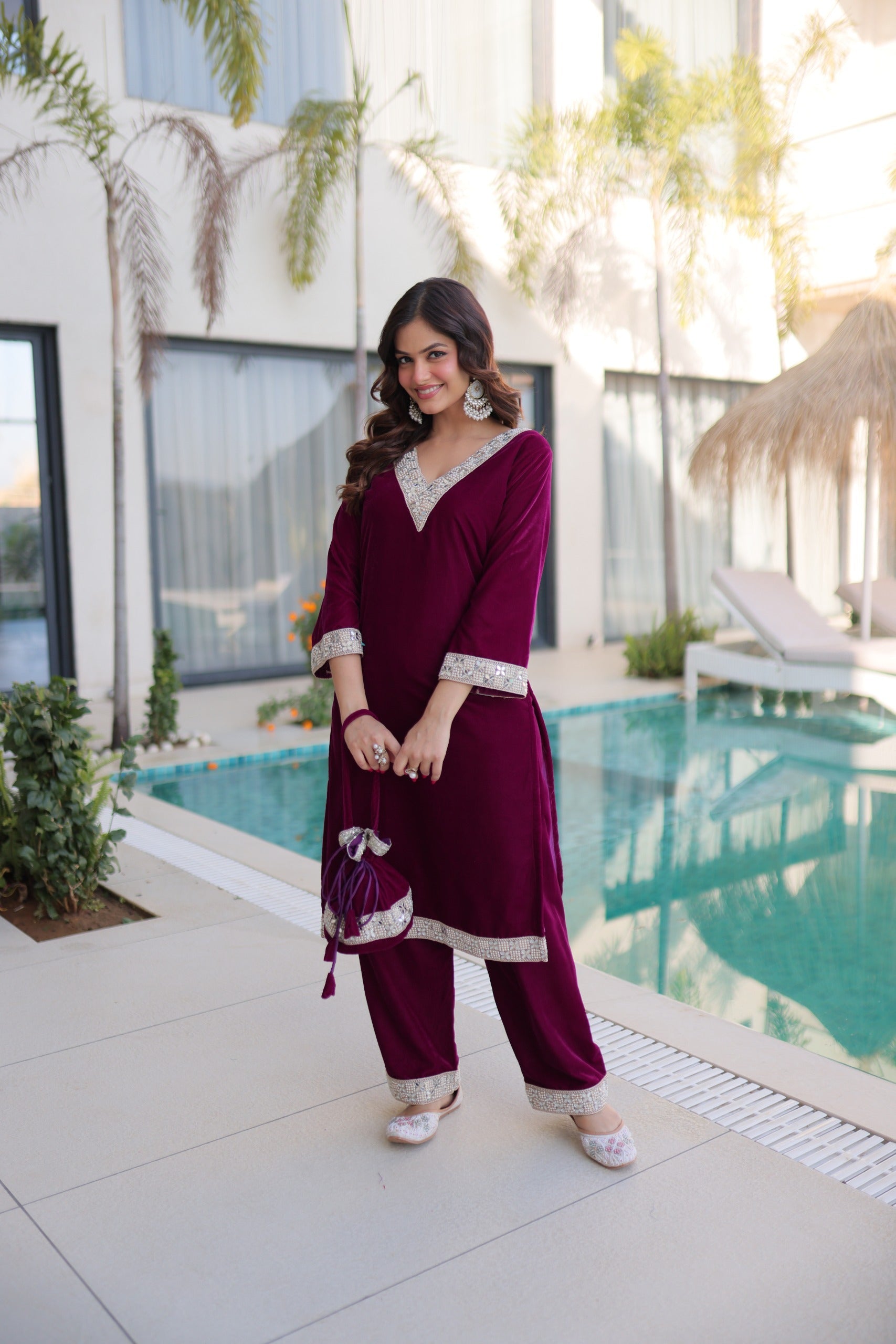 Prazu Fashion Wine Velvet Zari Embroidered & Real Mirror Work Suit With Potli Bag - Distacart