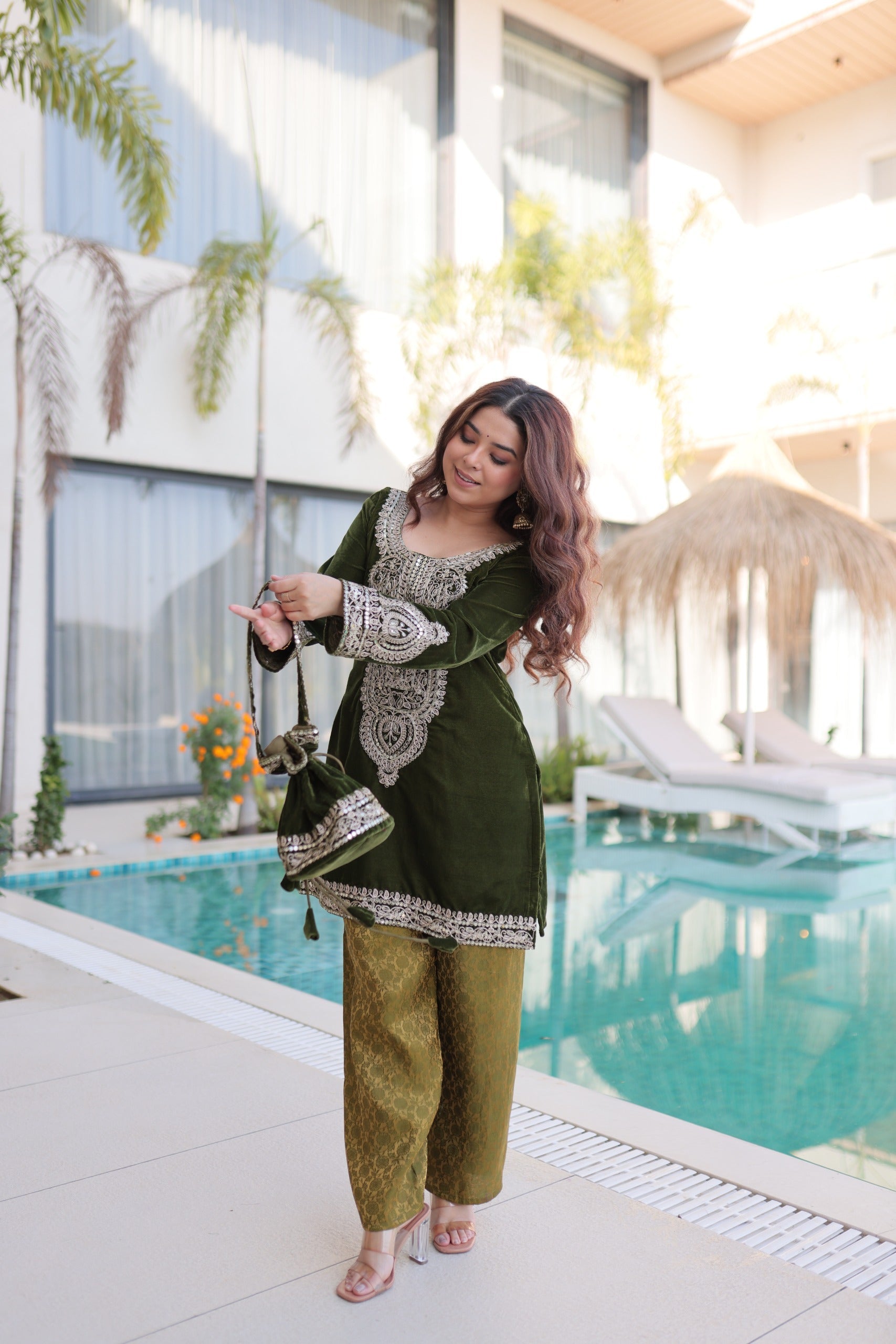 Prazu Fashion Green Velvet With Rich Zari Coding Embroidered Suit With Potli Bag - Distacart