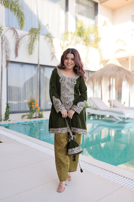 Prazu Fashion Green Velvet With Rich Zari Coding Embroidered Suit With Potli Bag
