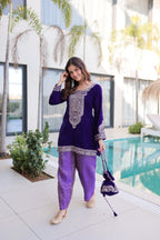 Prazu Fashion Purple Velvet With Rich Zari Coding Embroidered Suit With Potli Bag - Distacart