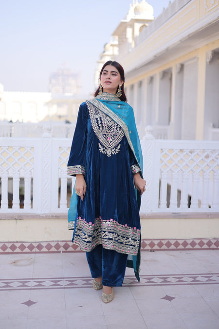 Prazu Fashion Rama Velvet Rich Sequins , Zari, Coding & Thread Embroidered Salwar Suit