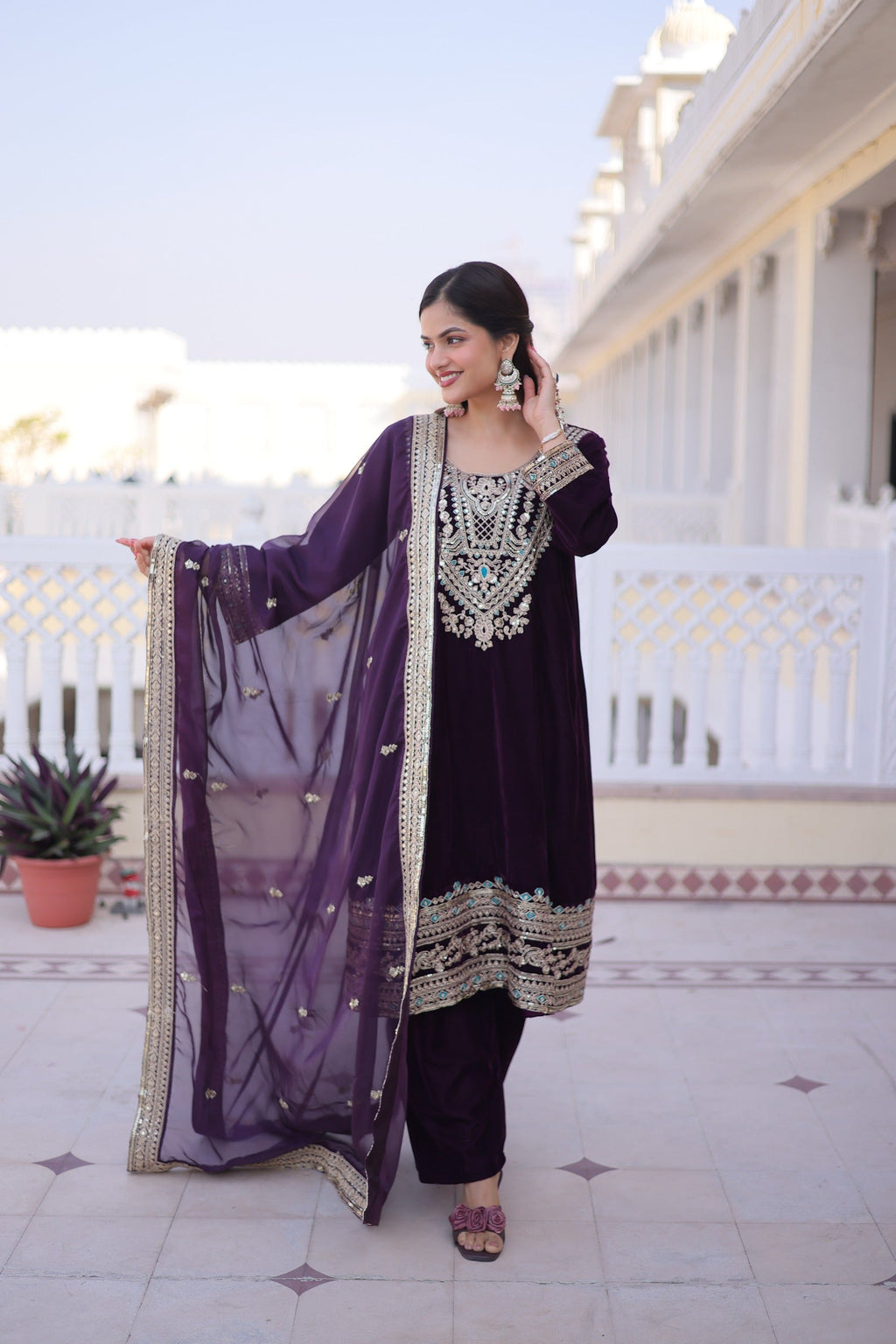 Prazu Fashion Wine Velvet Rich Sequins , Zari, Coding & Thread Embroidered Salwar Suit - Distacart