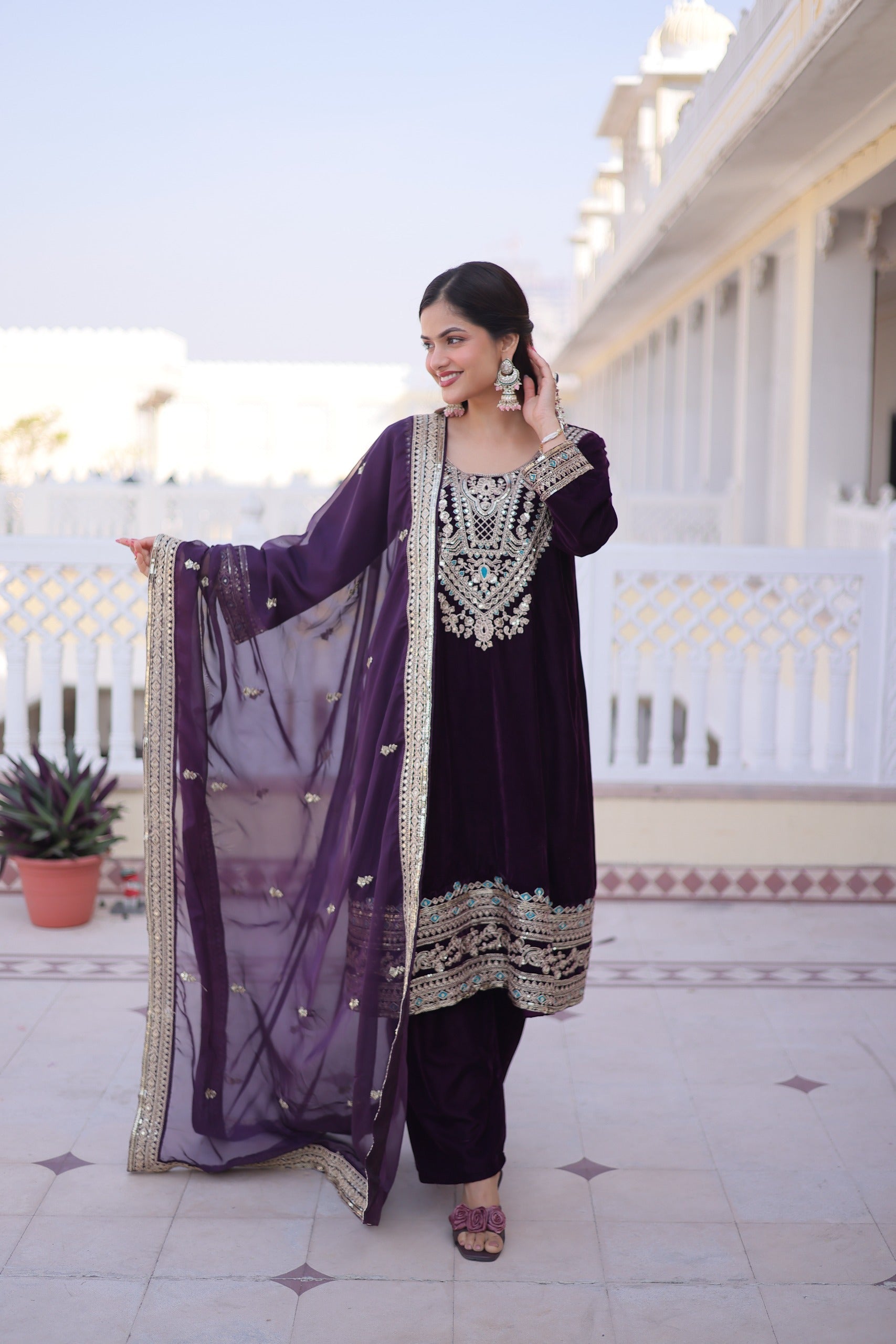 Prazu Fashion Wine Velvet Rich Sequins , Zari, Coding & Thread Embroidered Salwar Suit - Distacart