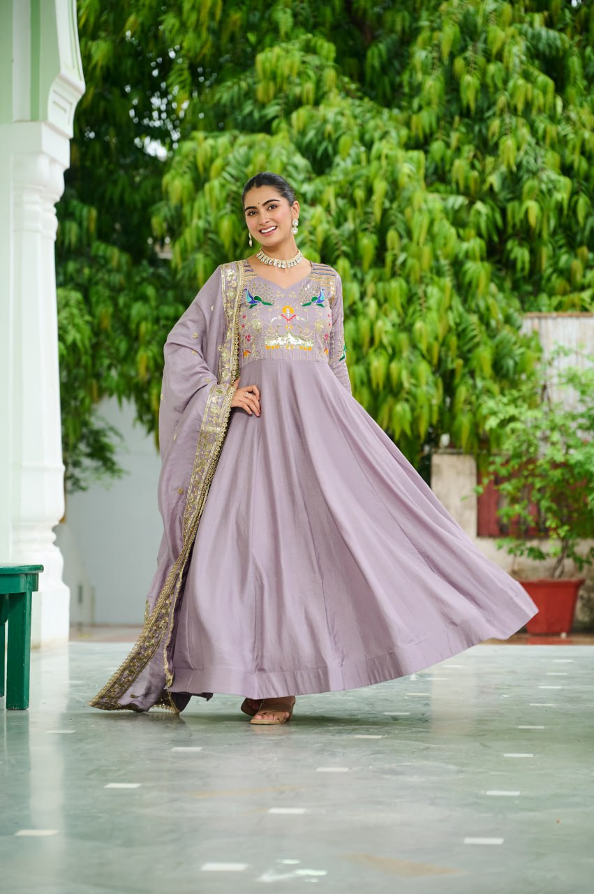 Lehenga Mart Premium Readymade Gown With Dupatta Set For Women-Onion - Distacart