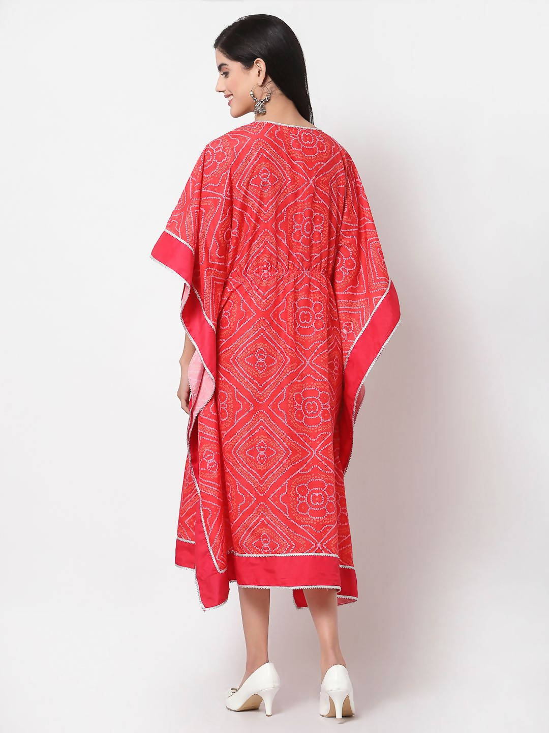 Myshka Pink Cotton Printed 3/4 Sleeve V Neck Casual Kaftan