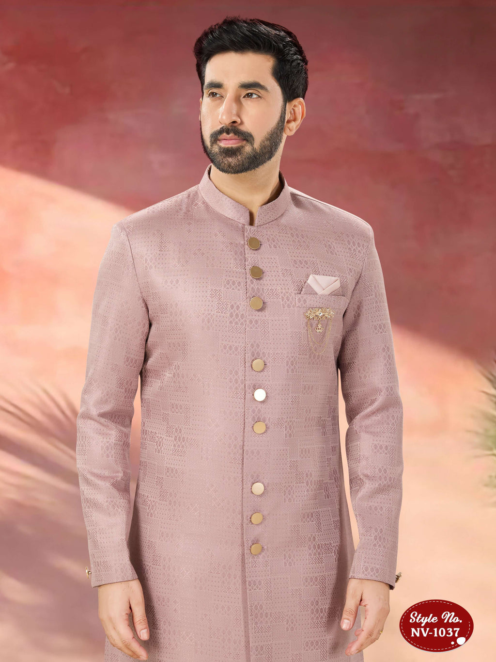 Joban Fashion Men's Pink Straight Imported Tr Self-Design In Fabric Indo-Western Kurta Set