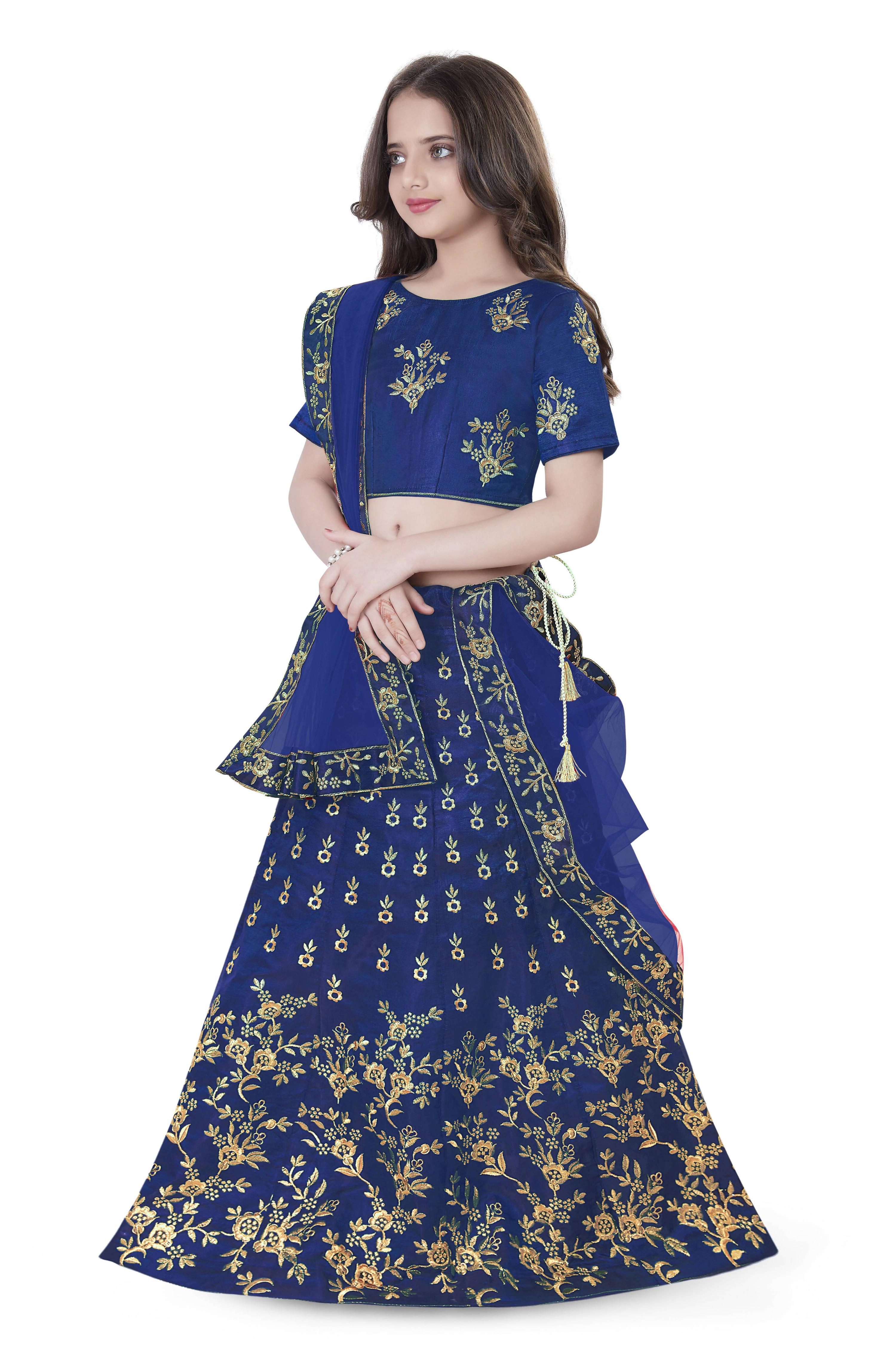 Dwiden Royal Blue Baby Doll Tafetta Sattin Semi-Stitched Girl's Lehenga Choli