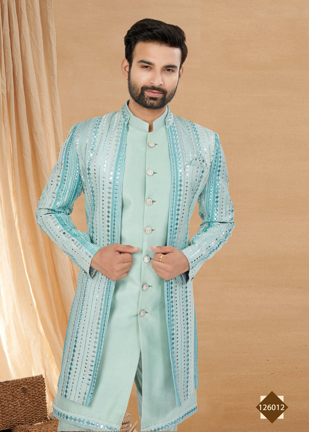 Joban Fashion Men's Sky Blue Heavy Art Silk Double Finish Plain Indowestern