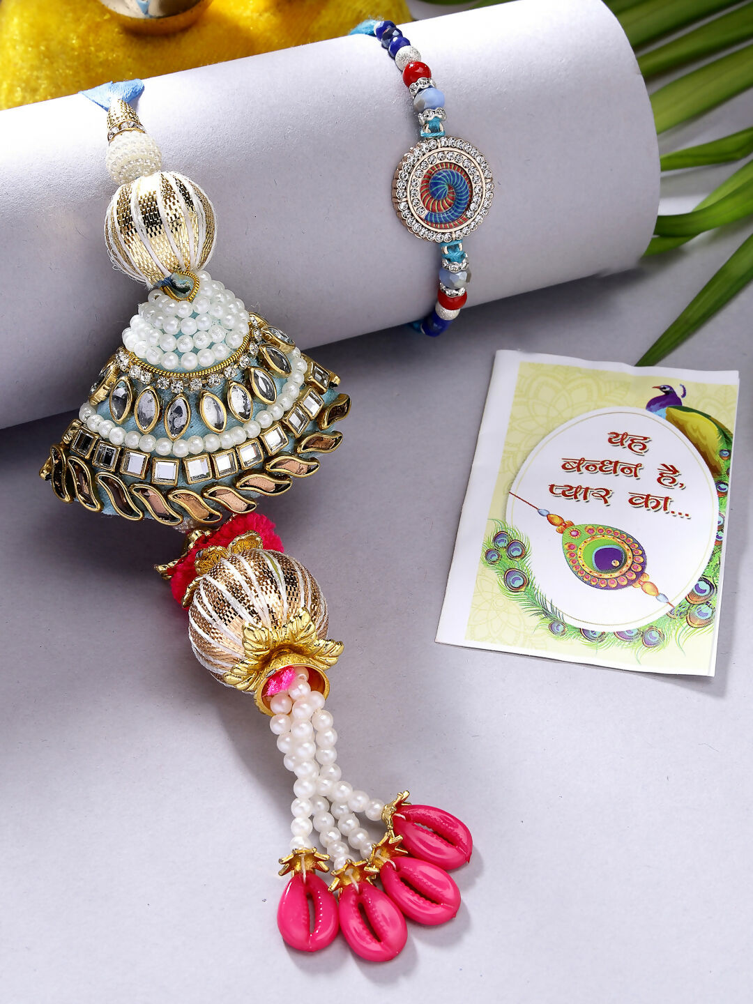 NVR Women & Men Set of 2 Blue Kundan-Studded & Beaded Bhaiya Bhabhi Rakhi With Roli Chawal - Distacart