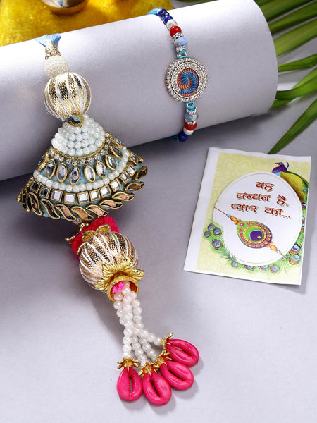 NVR Women & Men Set of 2 Blue Kundan-Studded & Beaded Bhaiya Bhabhi Rakhi With Roli Chawal