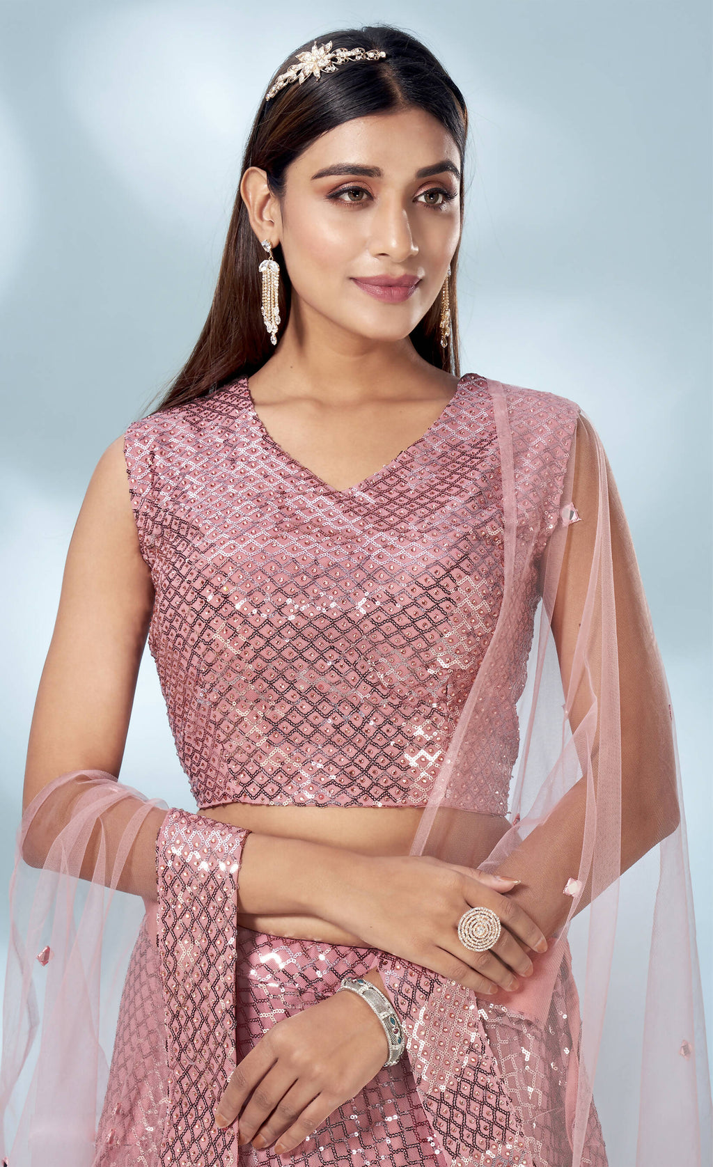 Pink Net Heavy Sequence work Lehenga Choli with Dupatta - Tanya