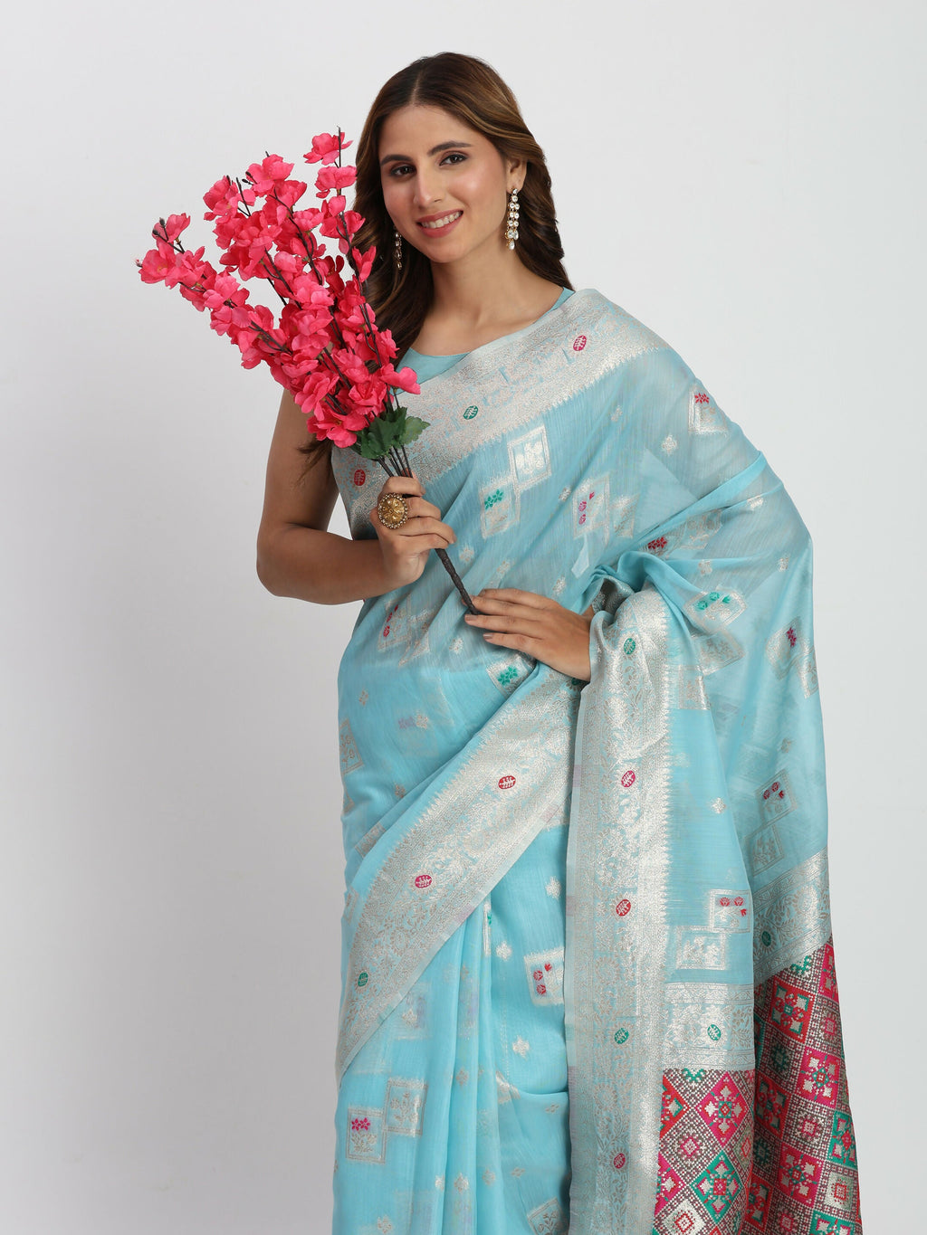 Shree Shyam Fashion Linen Cotton Sky Blue Saree - Distacart