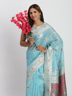 Shree Shyam Fashion Linen Cotton Sky Blue Saree - Distacart