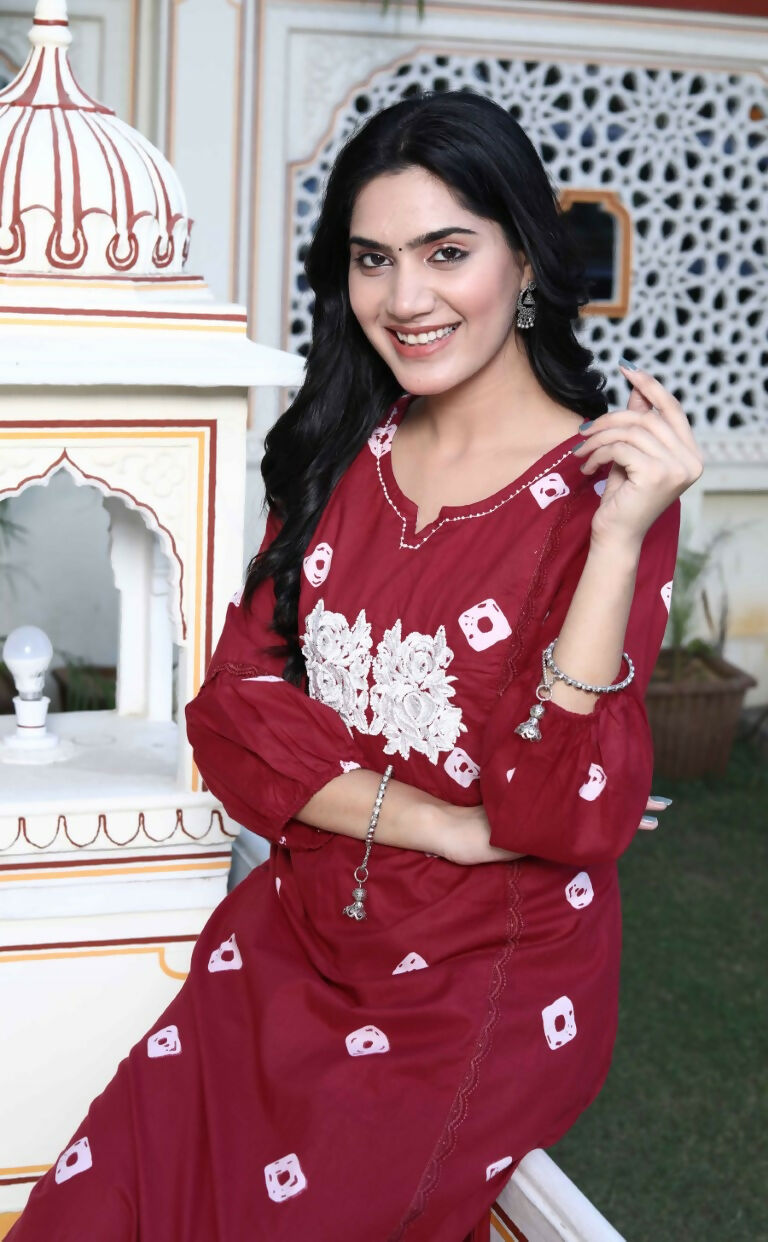 Miravan Women's Red Bandhani Printed Moti And Chikan Embroidered & Lace Work A Line Palazzo Set