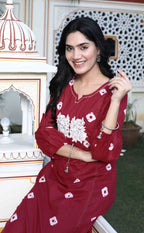 Miravan Women's Red Bandhani Printed Moti And Chikan Embroidered & Lace Work A Line Palazzo Set