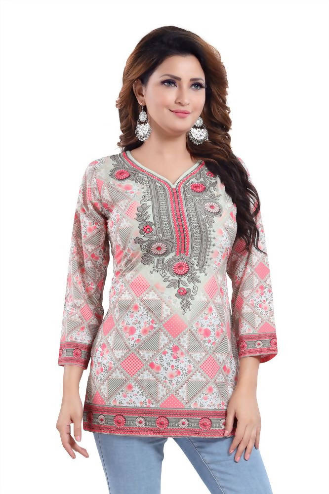 Snehal Creations Precious Pink Faux Crepe Printed Short Kurti Tunic