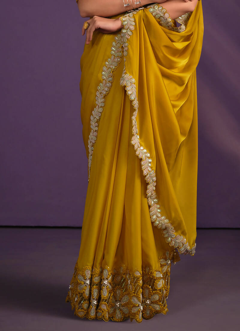 Mustard Crepe Satin Silk Embroidered Saree With Stitched Blouse - Mohmanthan Exotica