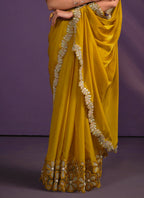 Mustard Crepe Satin Silk Embroidered Saree With Stitched Blouse - Mohmanthan Exotica