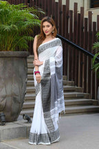 Beatitude White Cotton Jacquard Border Tangail Handloom Saree