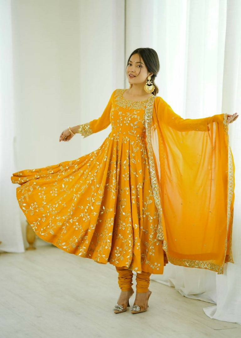 Teeya Creation Yellow Color Heavy Faux Georgette Embroidery Work Gown - Distacart