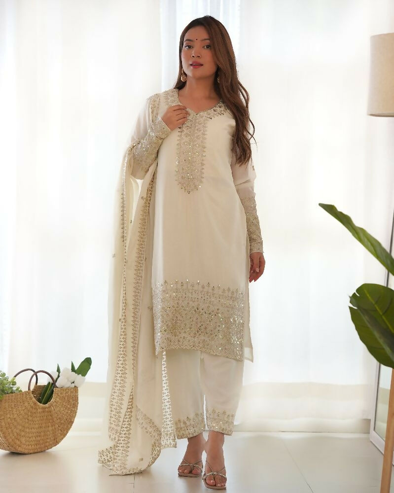 Joban Fashion White Kurta Set Silk Sequence Embroidery Work - Distacart