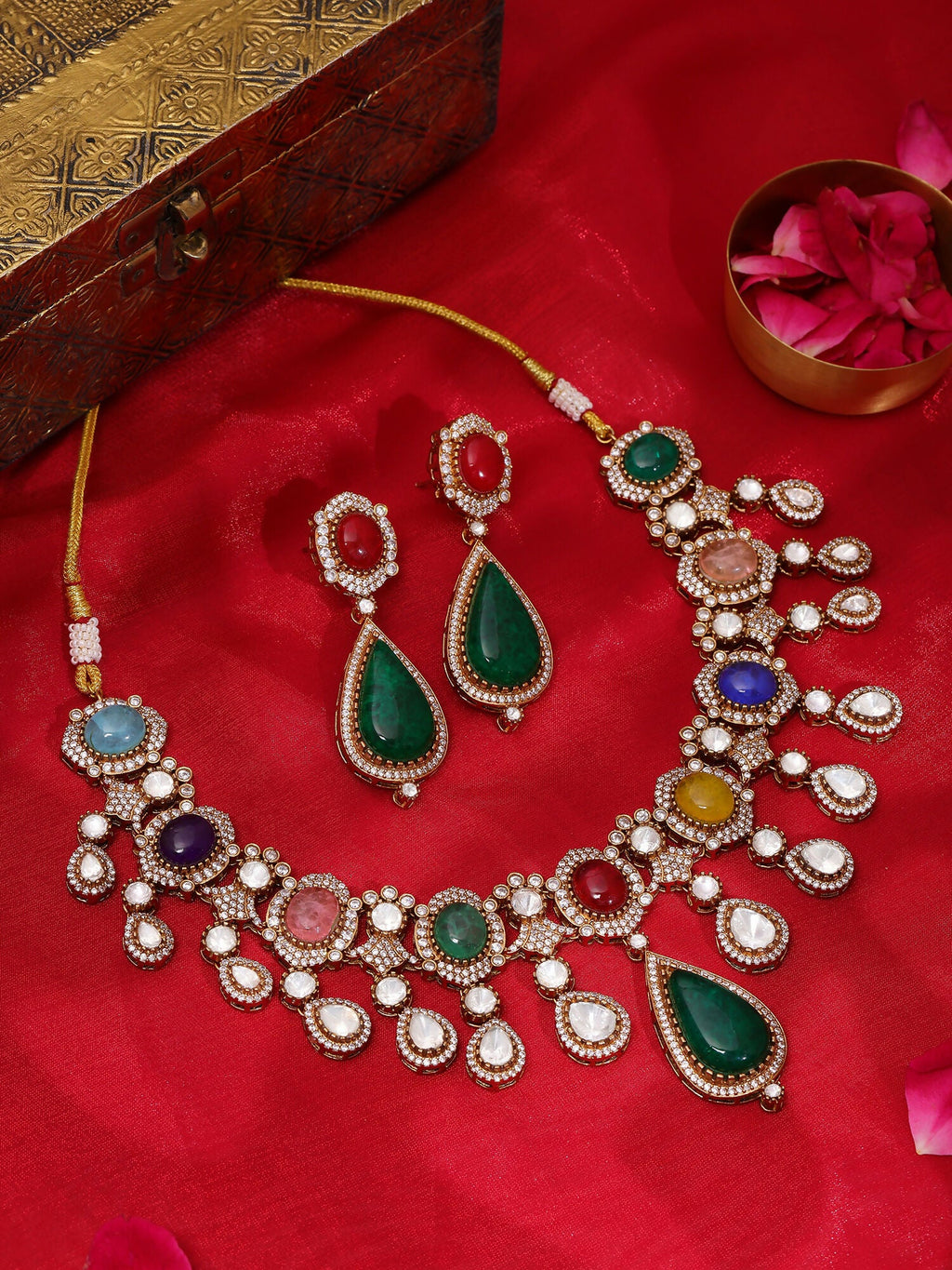 Ruby Raang Gold Polished Kundan Work Multi-Color Maharani Kundan And Stonework Necklace With Earrings