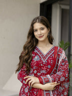 The52 Maroon Women's Gorgeous Rayon Fabric Printed Work Flared Kurta, Pant and Dupatta Set - Distacart